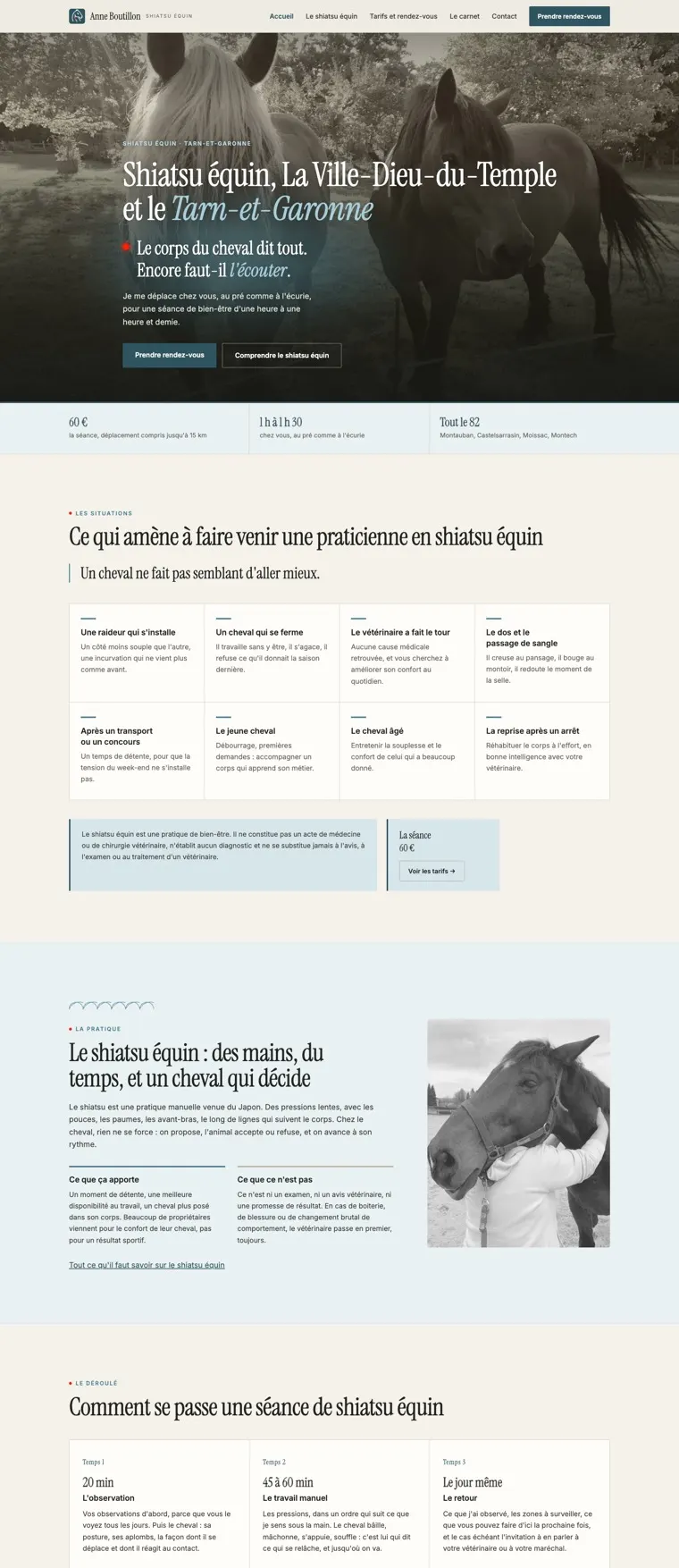 Site internet de praticienne en shiatsu équin créé par PratFlow : page d'accueil du site d'Anne Boutillon