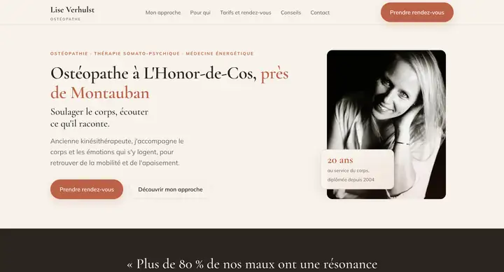 Le site de Lise Verhulst, ostéopathe, réalisé par PratFlow
