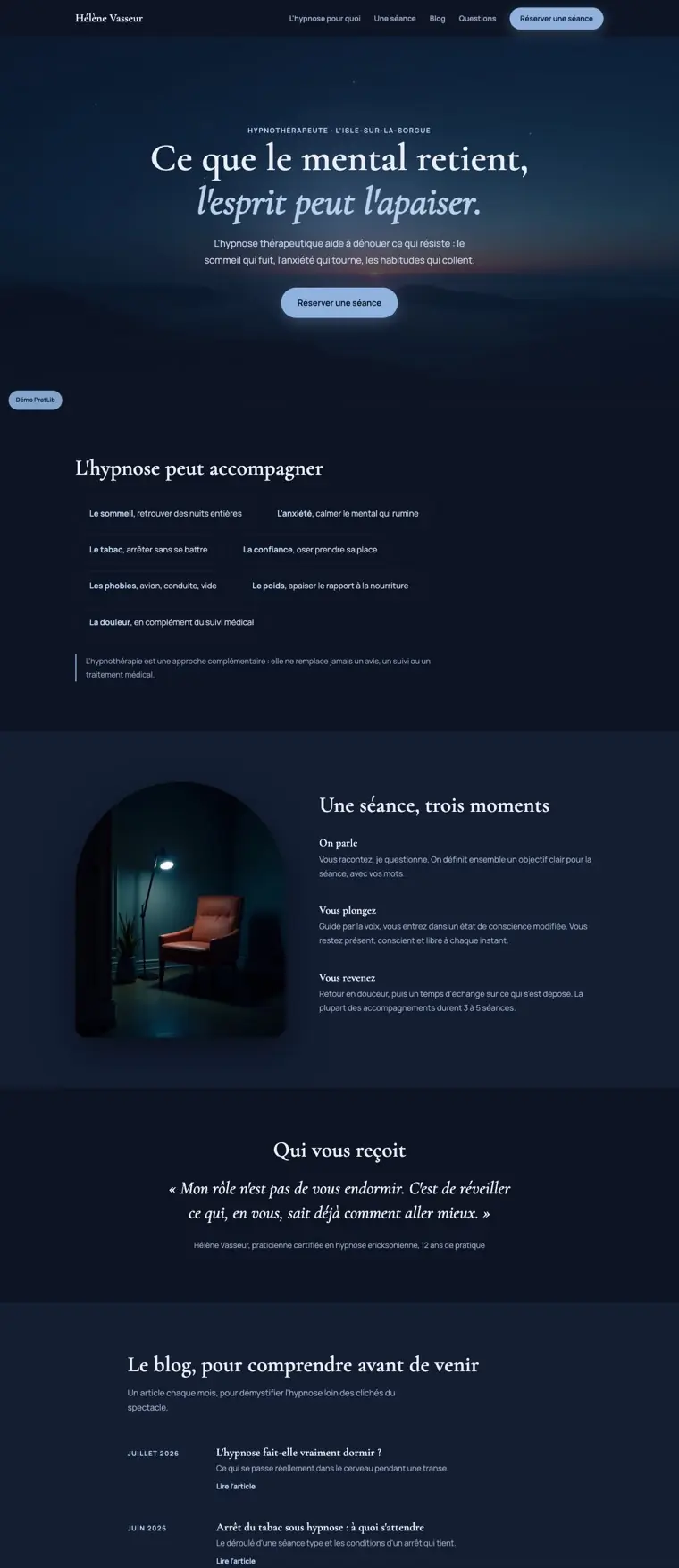 Exemple de site internet d'hypnothérapeute réalisé par PratFlow