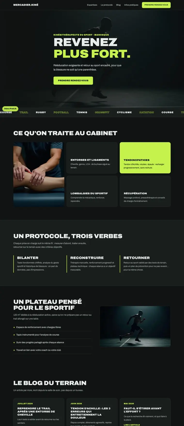 Exemple de site internet de kinésithérapeute du sport réalisé par PratFlow