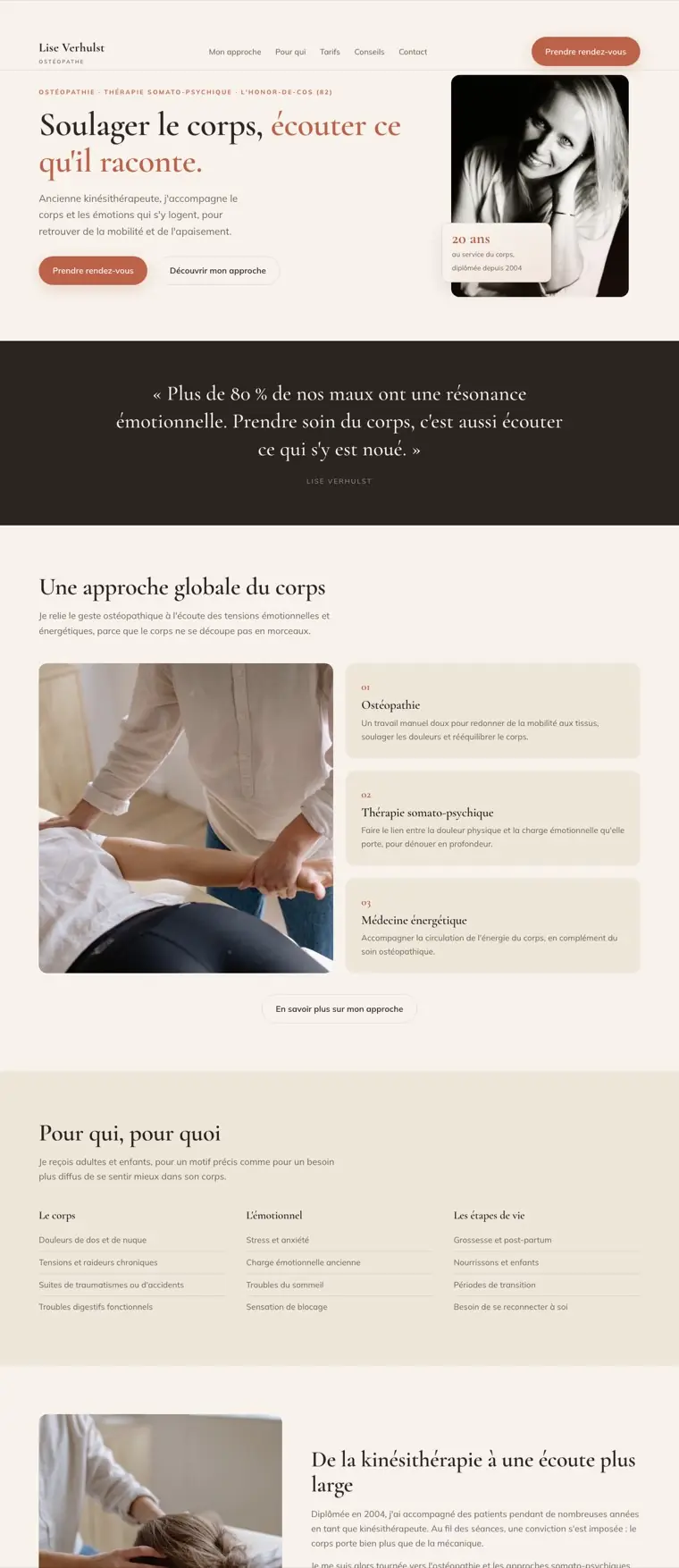 Site internet d'ostéopathe créé par PratFlow : page d'accueil du cabinet de Lise Verhulst