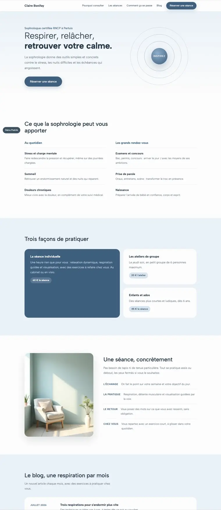 Exemple de site internet de sophrologue réalisé par PratFlow